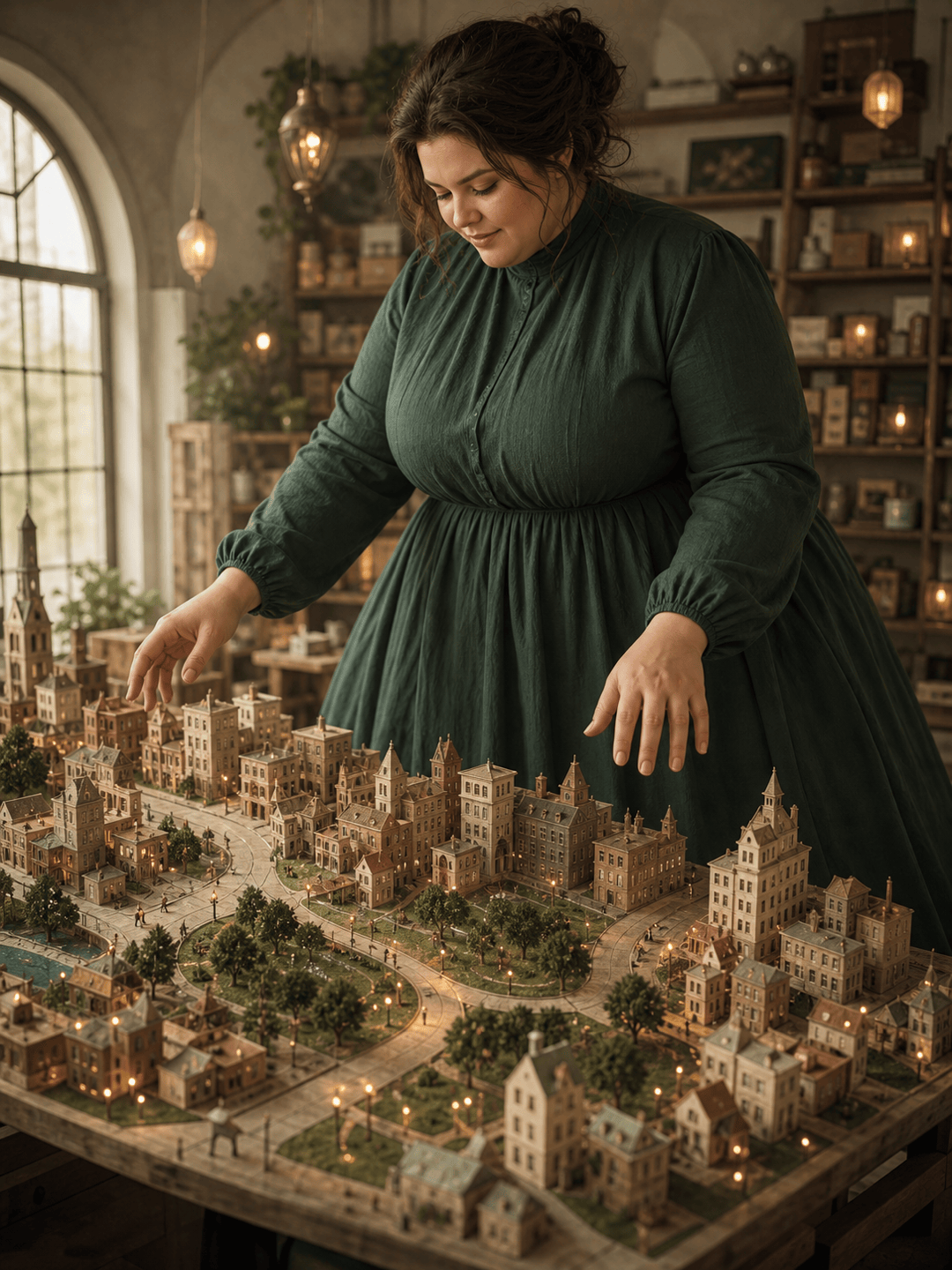 Surreal giant woman miniature world