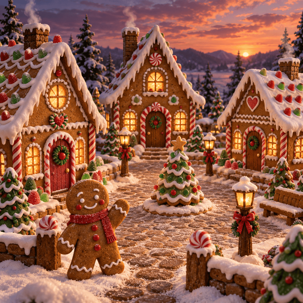 AI gingerbread village scene