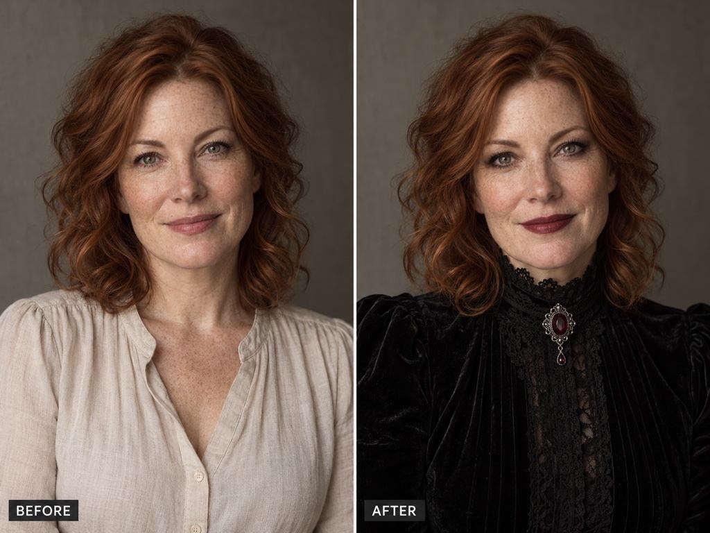 Romantic goth portrait before and after