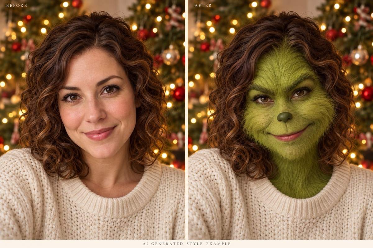 Grinch selfie before and after