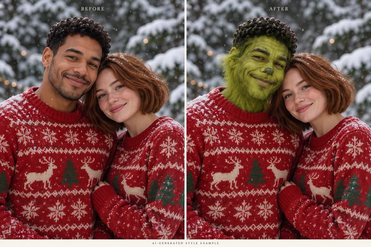 Couple Grinch photo before and after