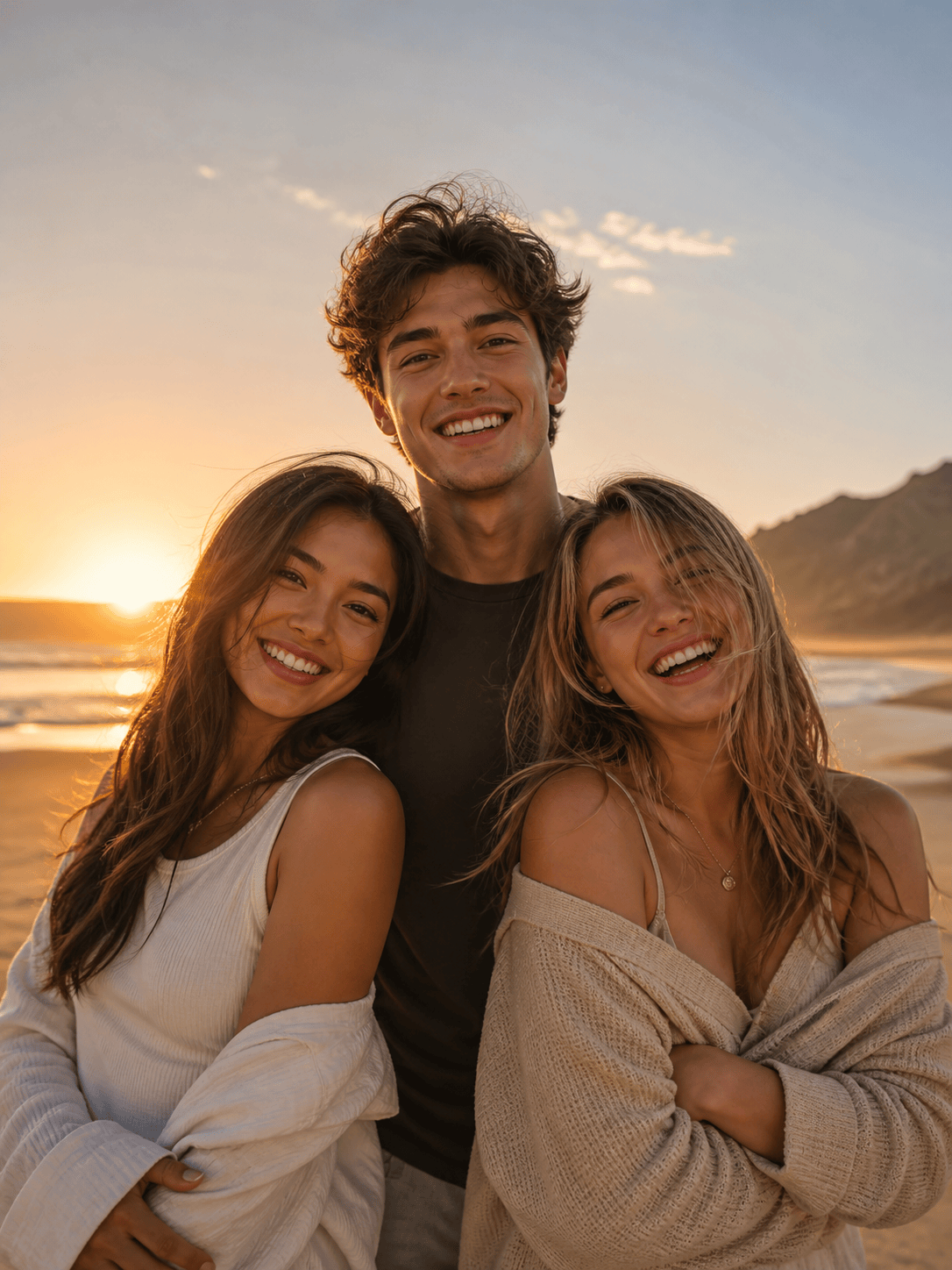 AI friends group photo at sunset