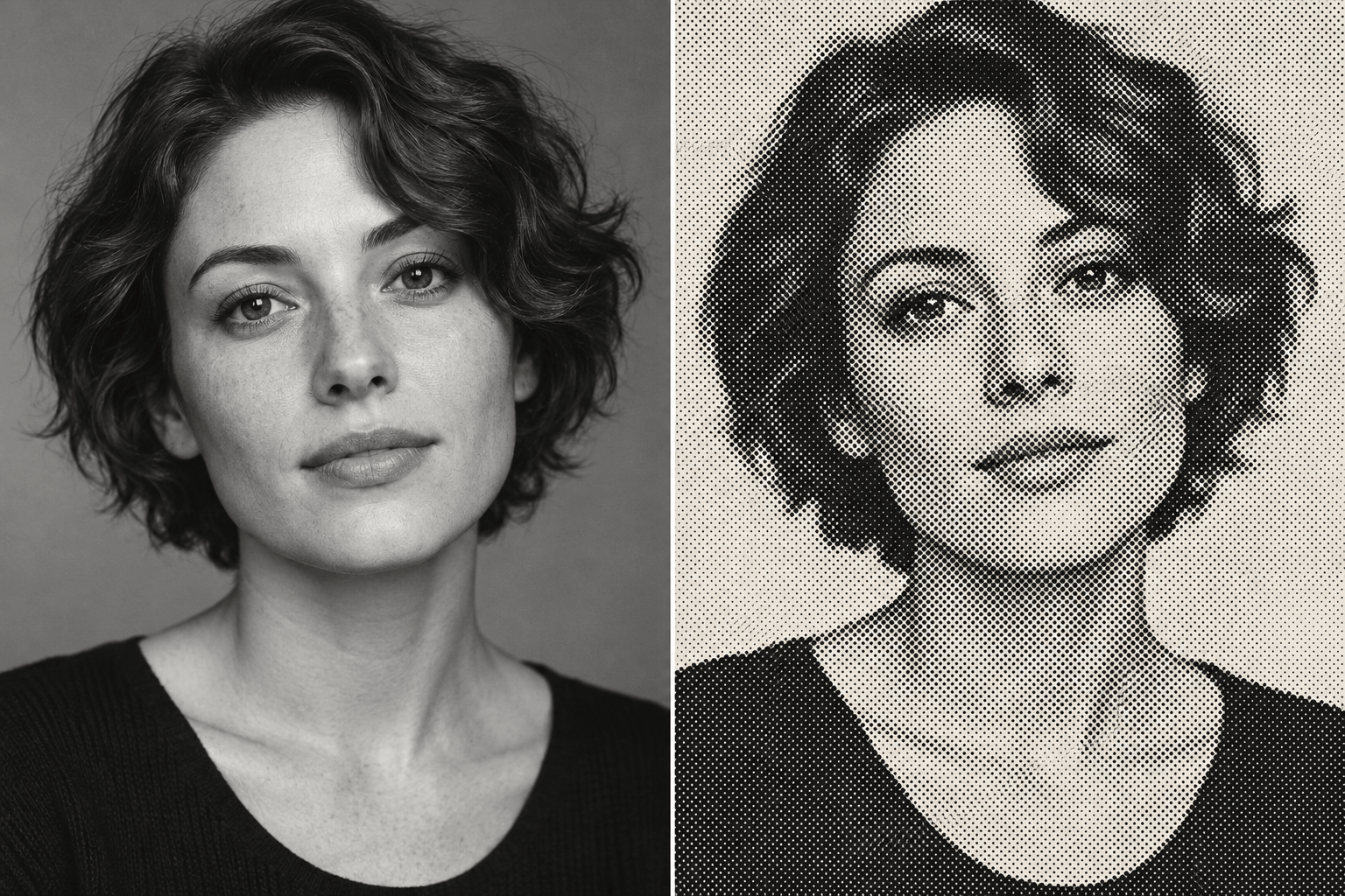 AI halftone portrait before and after