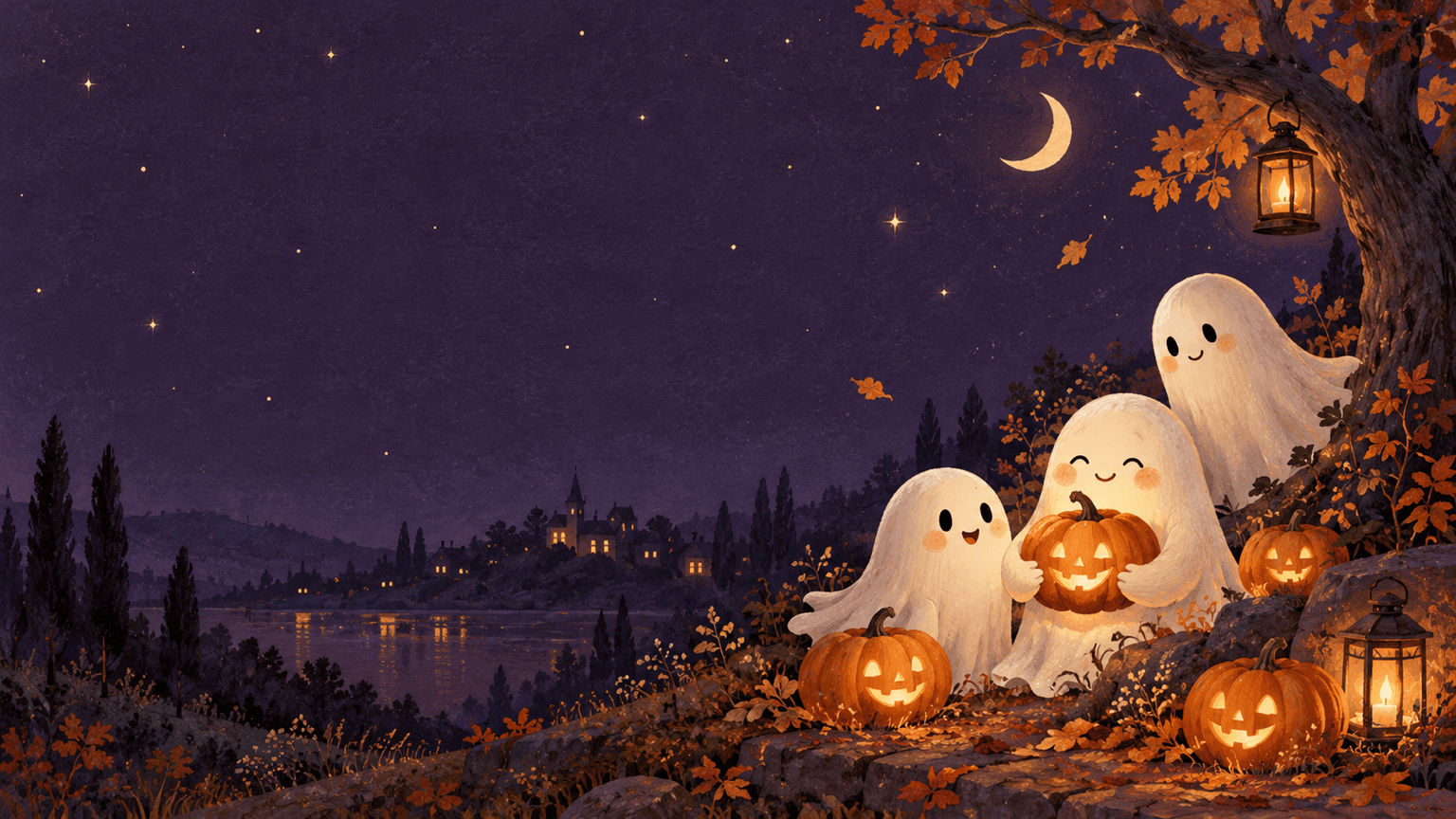 Cute Halloween wallpaper with friendly ghosts