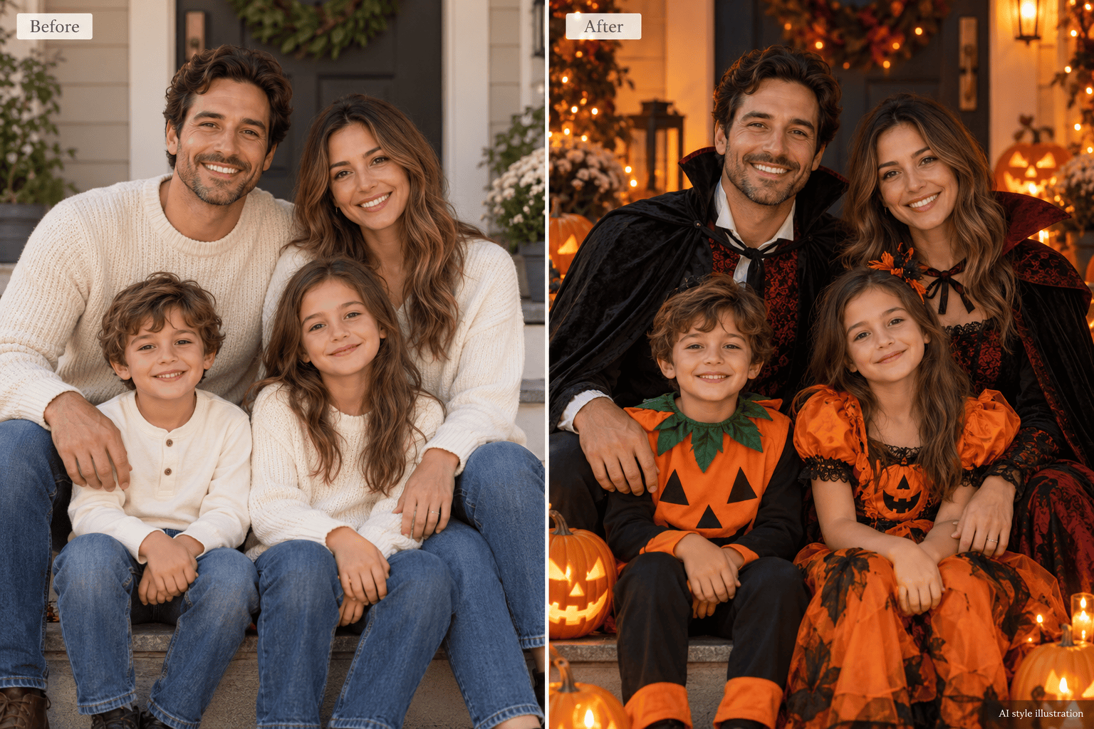 Halloween family pumpkin porch before and after