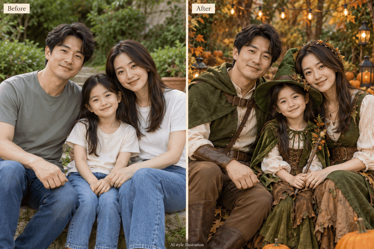 Woodland Halloween family costumes before and after