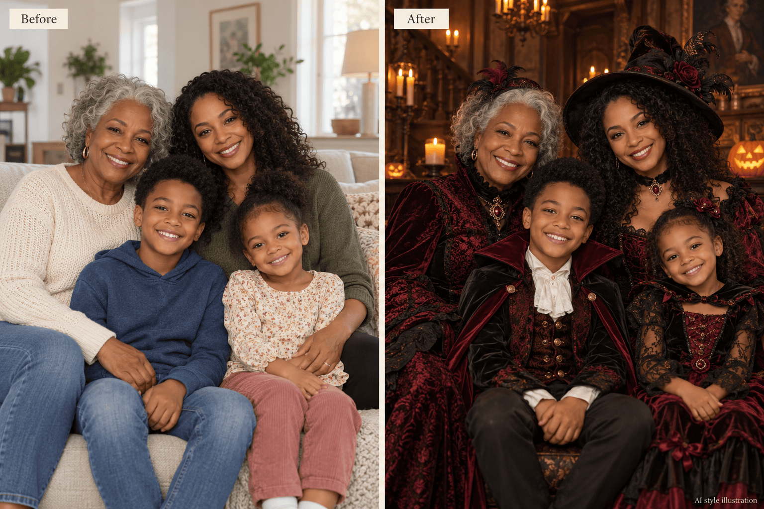 Friendly gothic Halloween family before and after