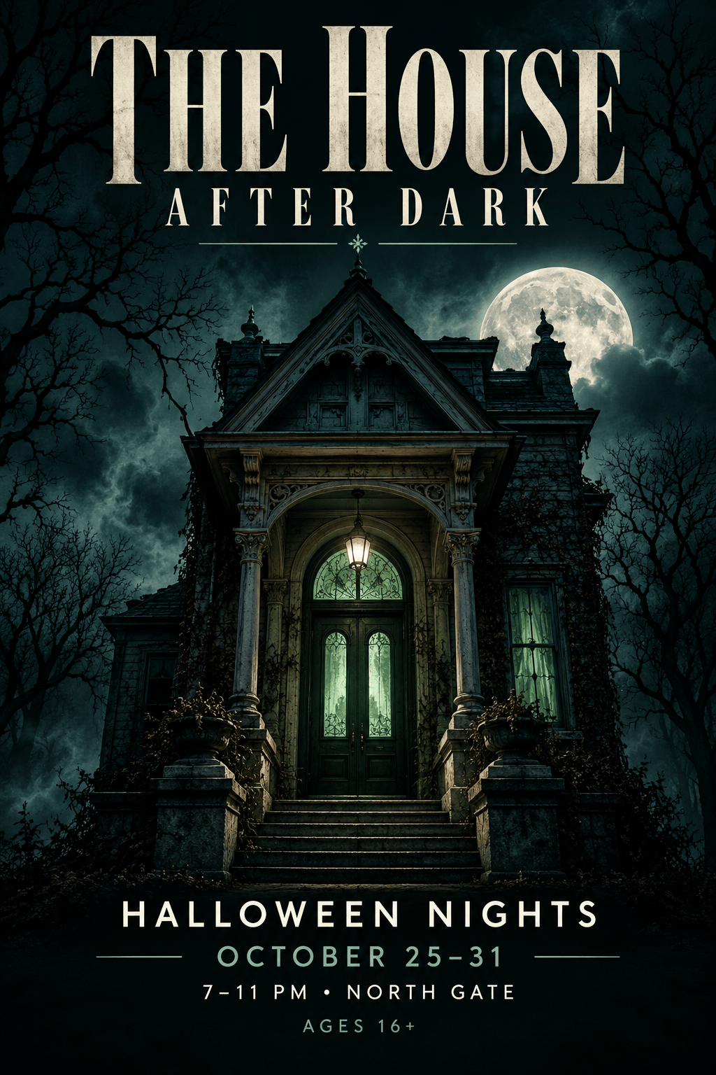 Moonlit haunted house event poster