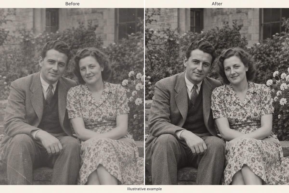 Illustrative old photo enhancement comparison