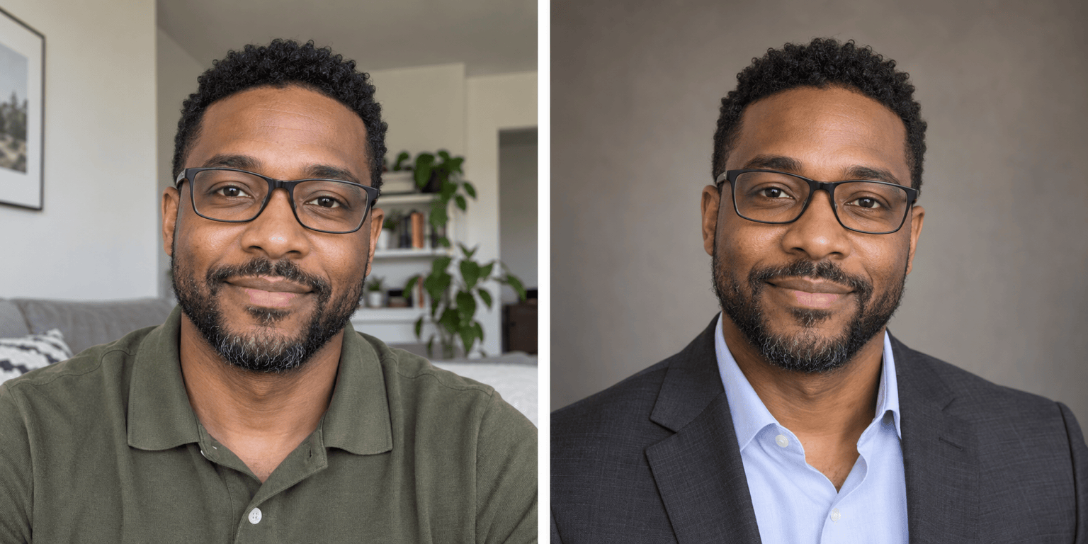 AI business headshot with glasses comparison