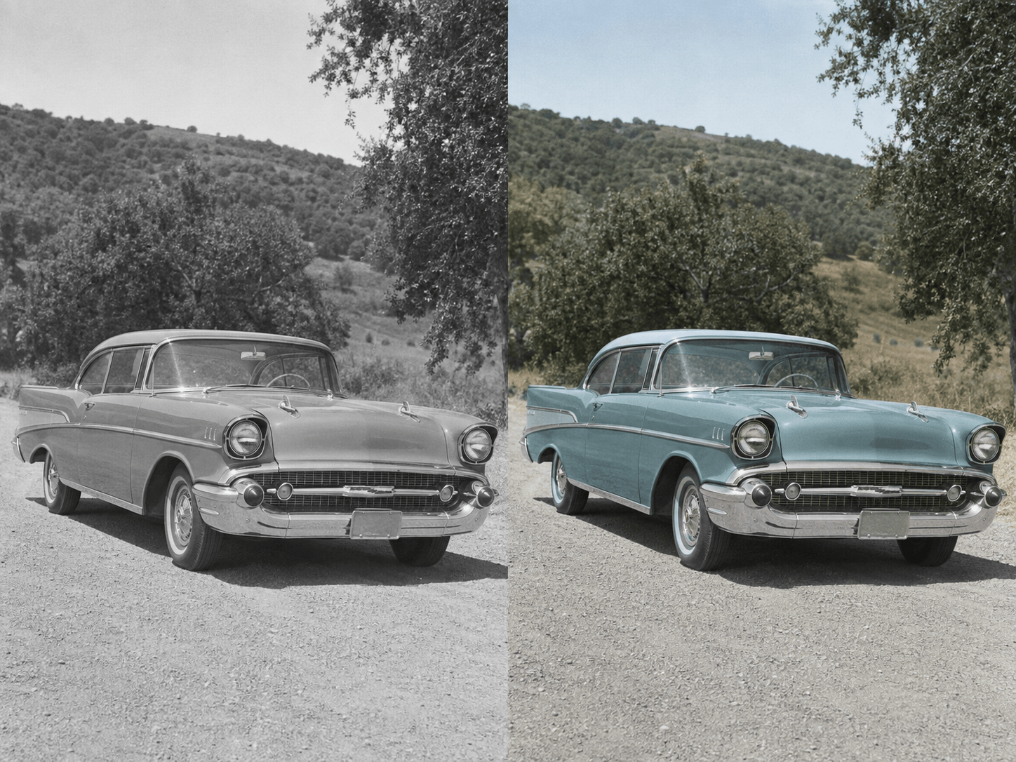 Colorized classic car photo