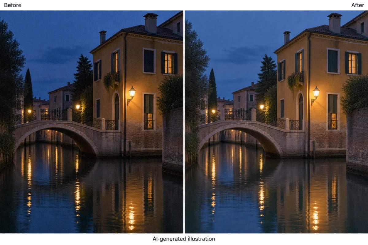 Illustrative low-light photo enhancement comparison