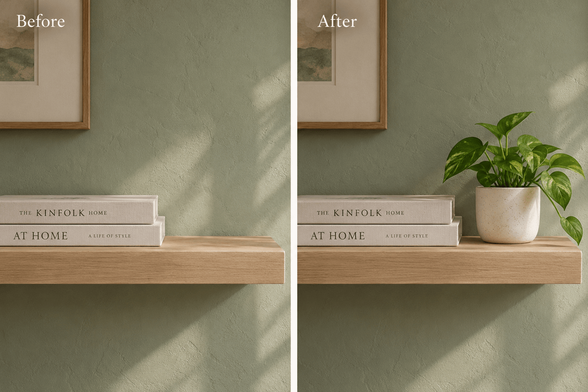 AI inpainting adds shelf decor