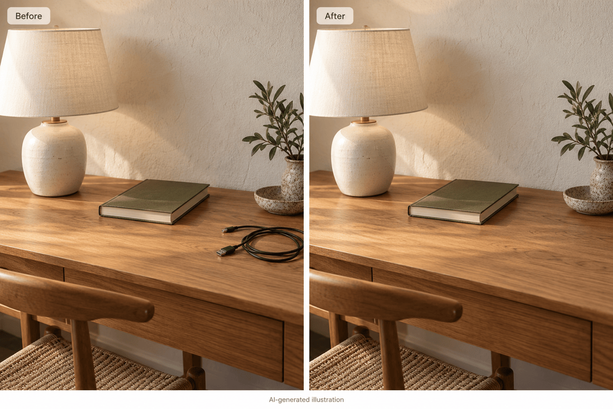 AI inpainting removes table clutter