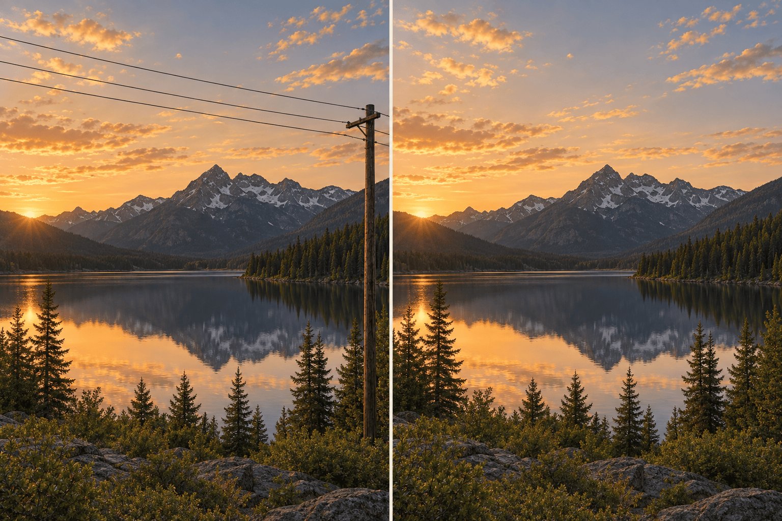 Power line photo removal before after