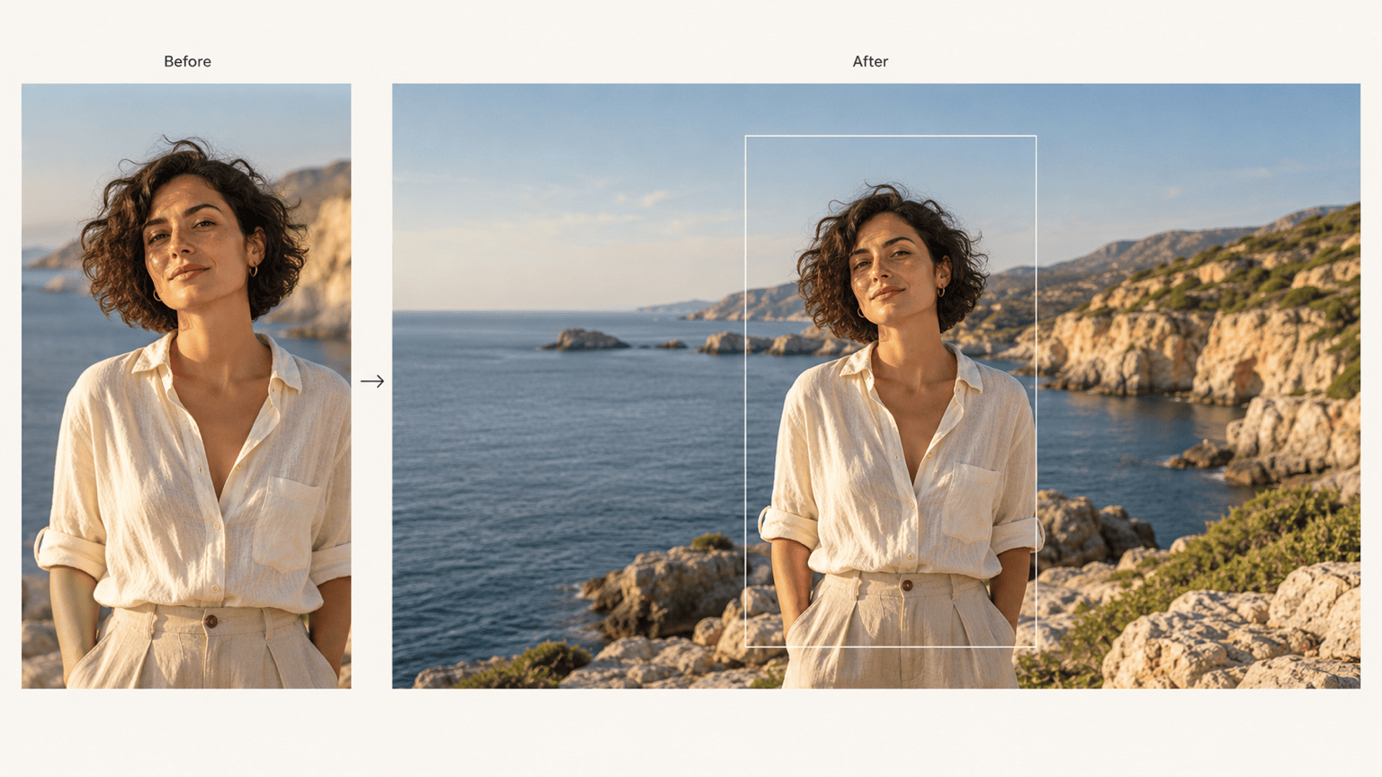 AI outpainting expands a coastal portrait