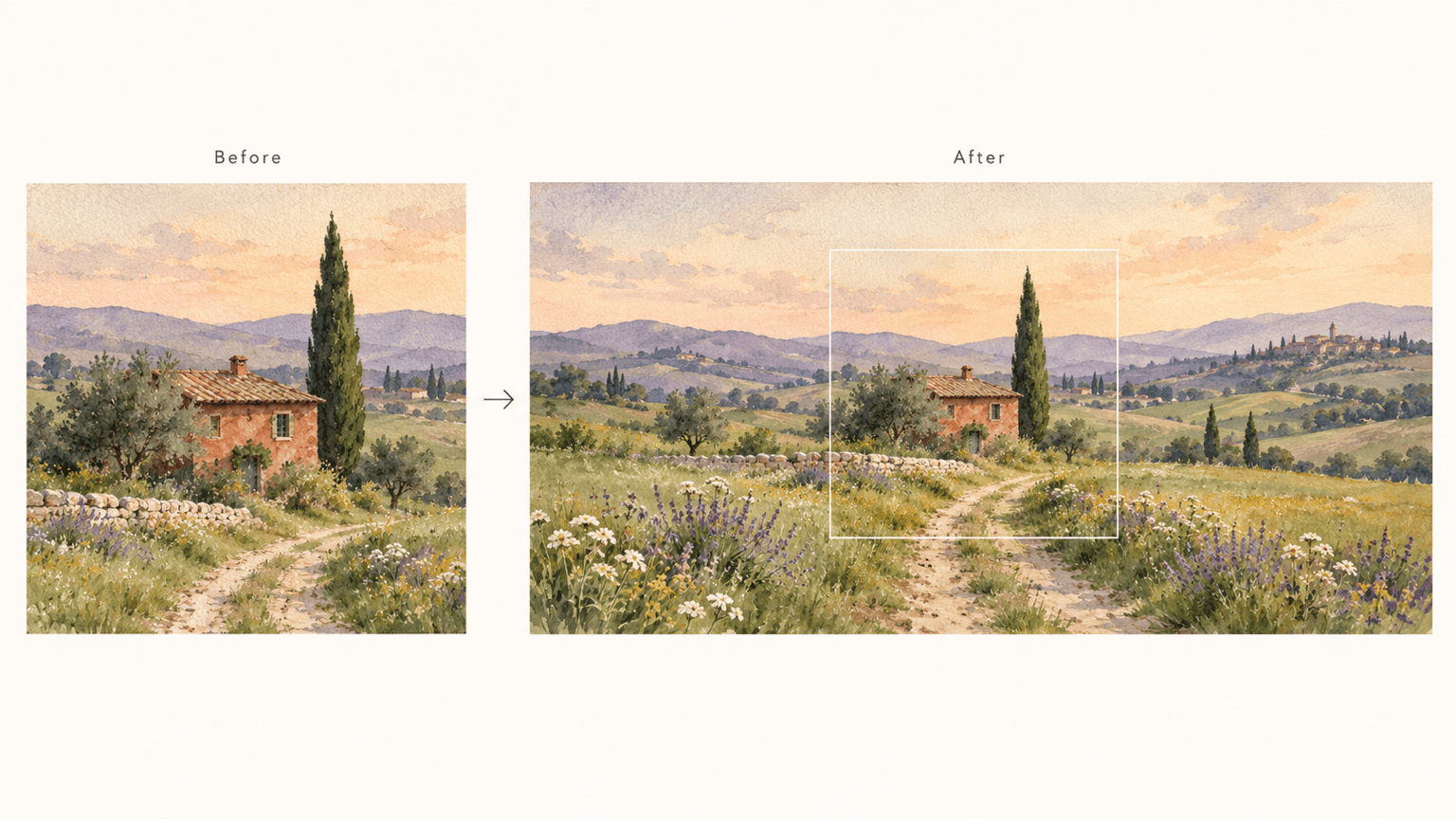 AI outpainting extends a watercolor landscape