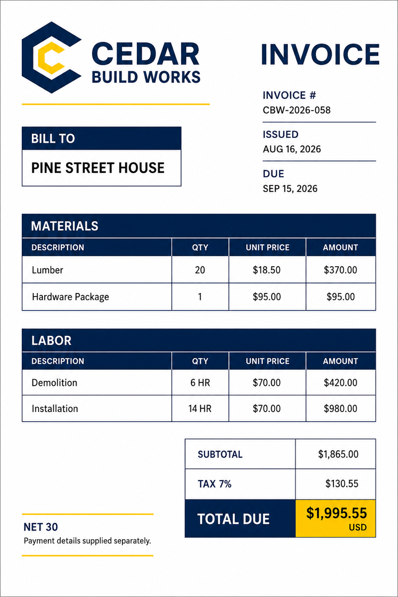 AI contractor invoice example