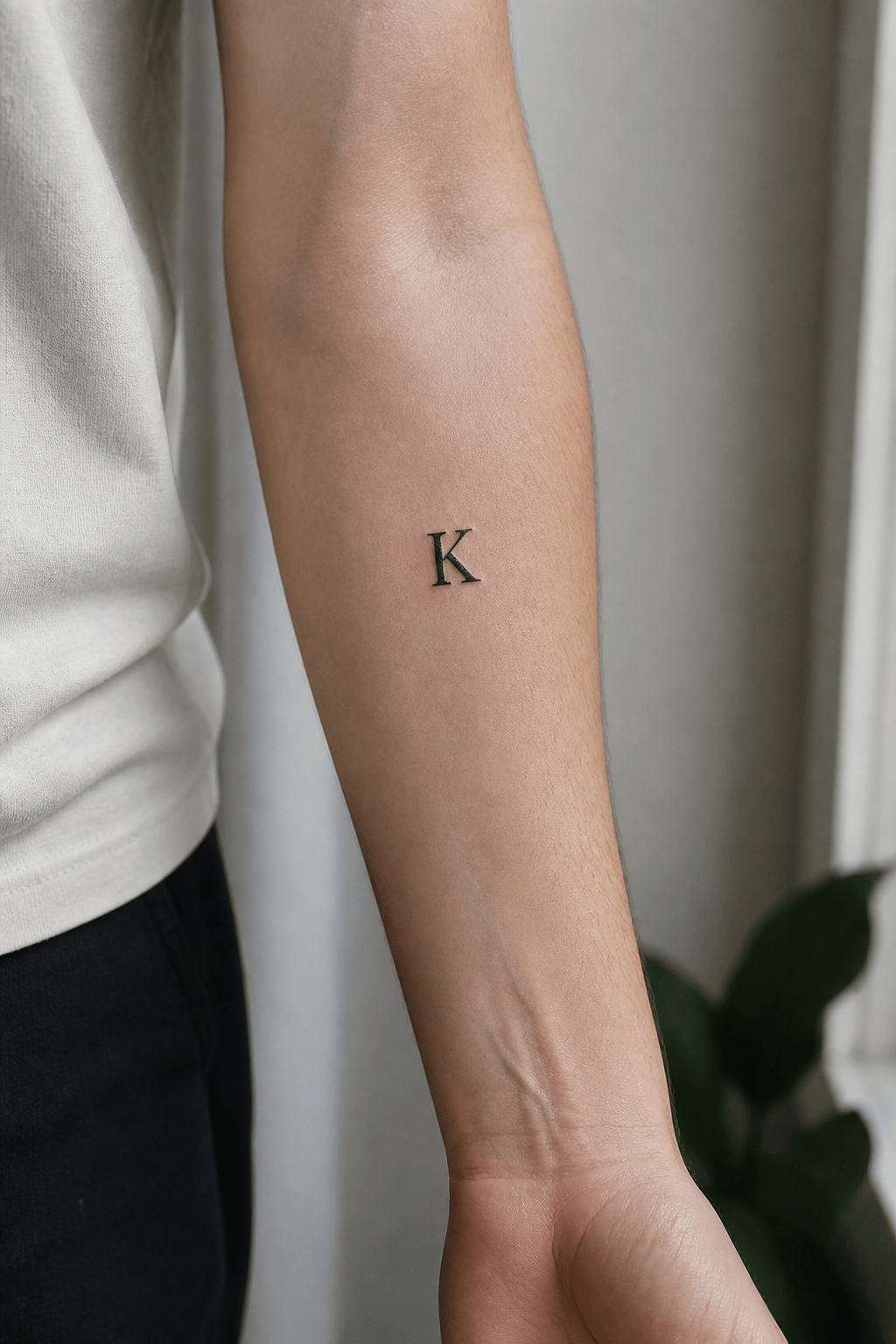 Minimal serif letter tattoo placement preview