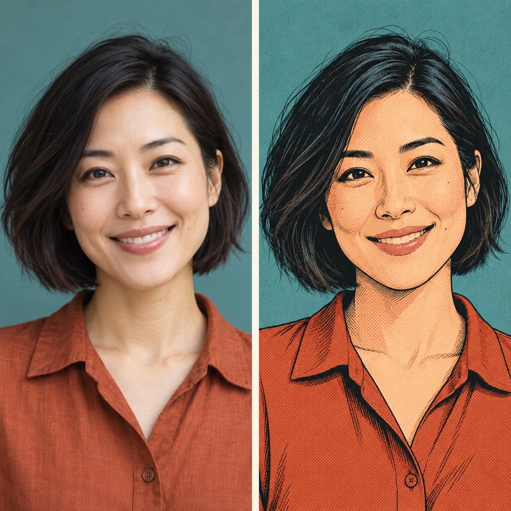 AI comic portrait before and after