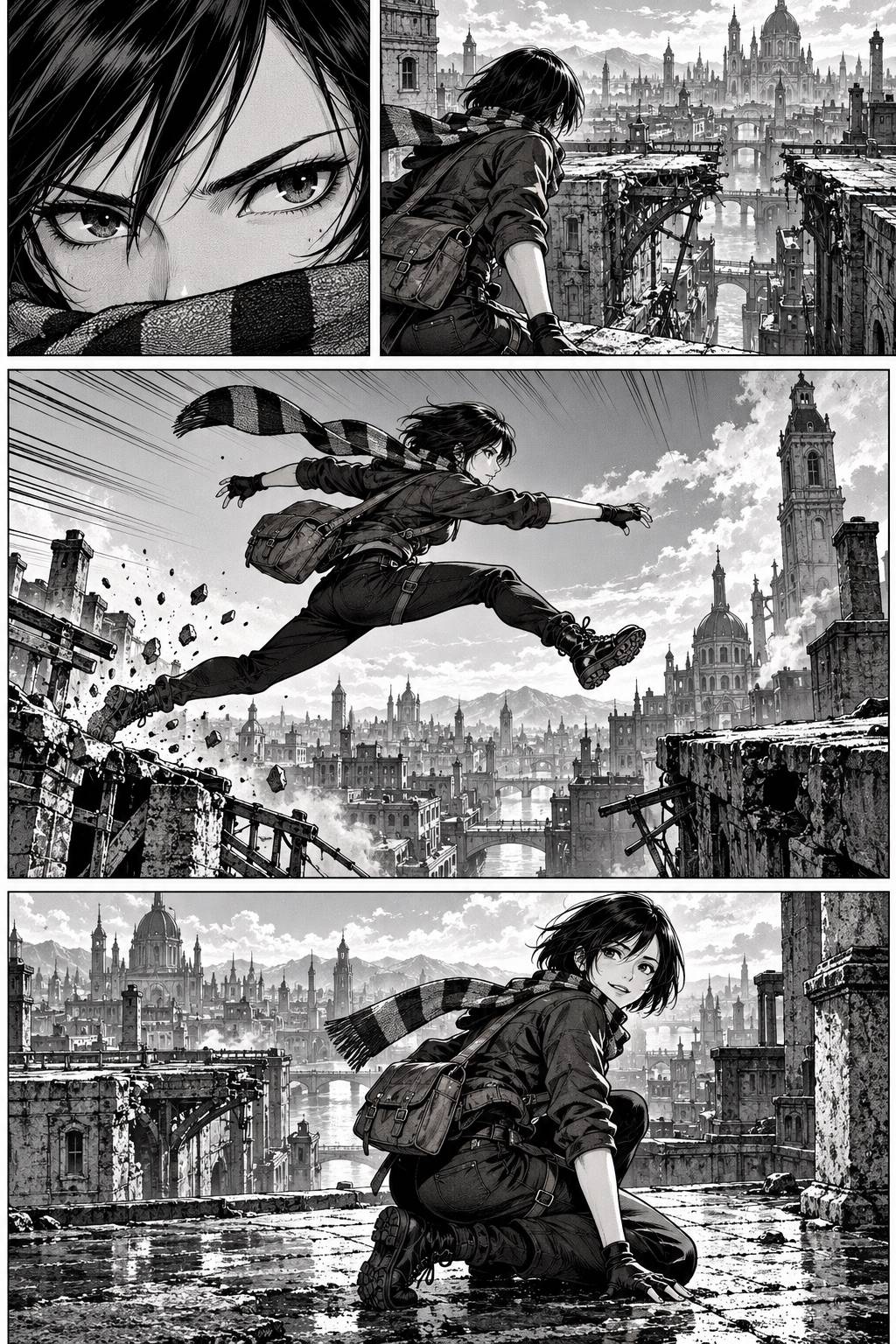 AI manga rooftop action page