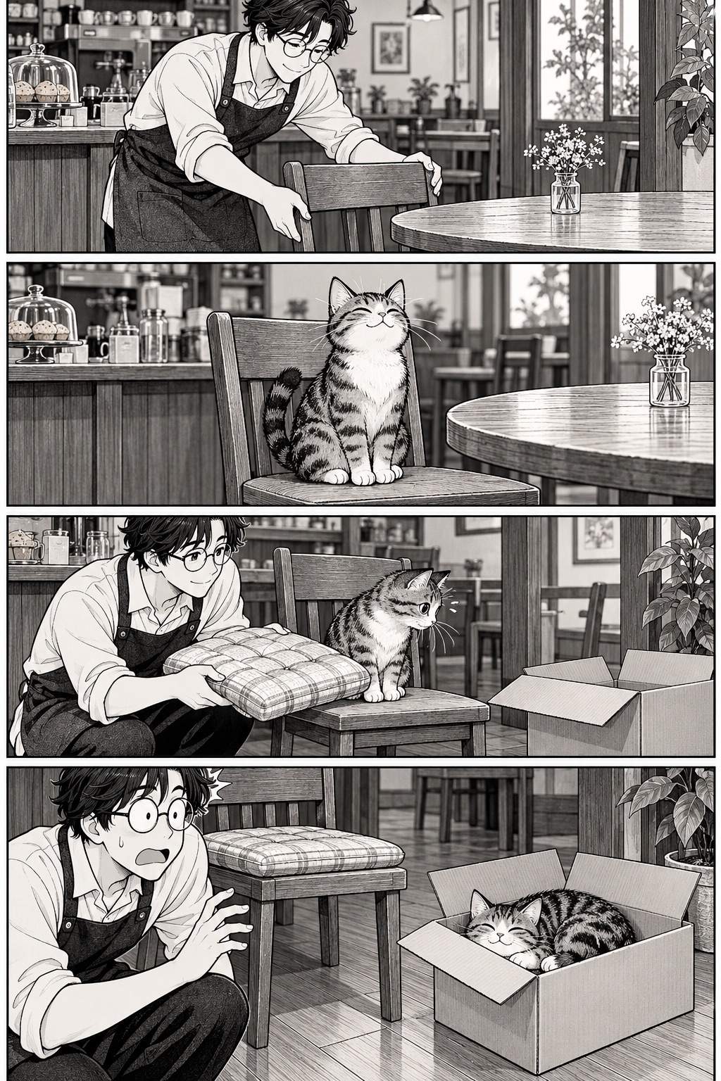 AI manga four-panel cat comedy