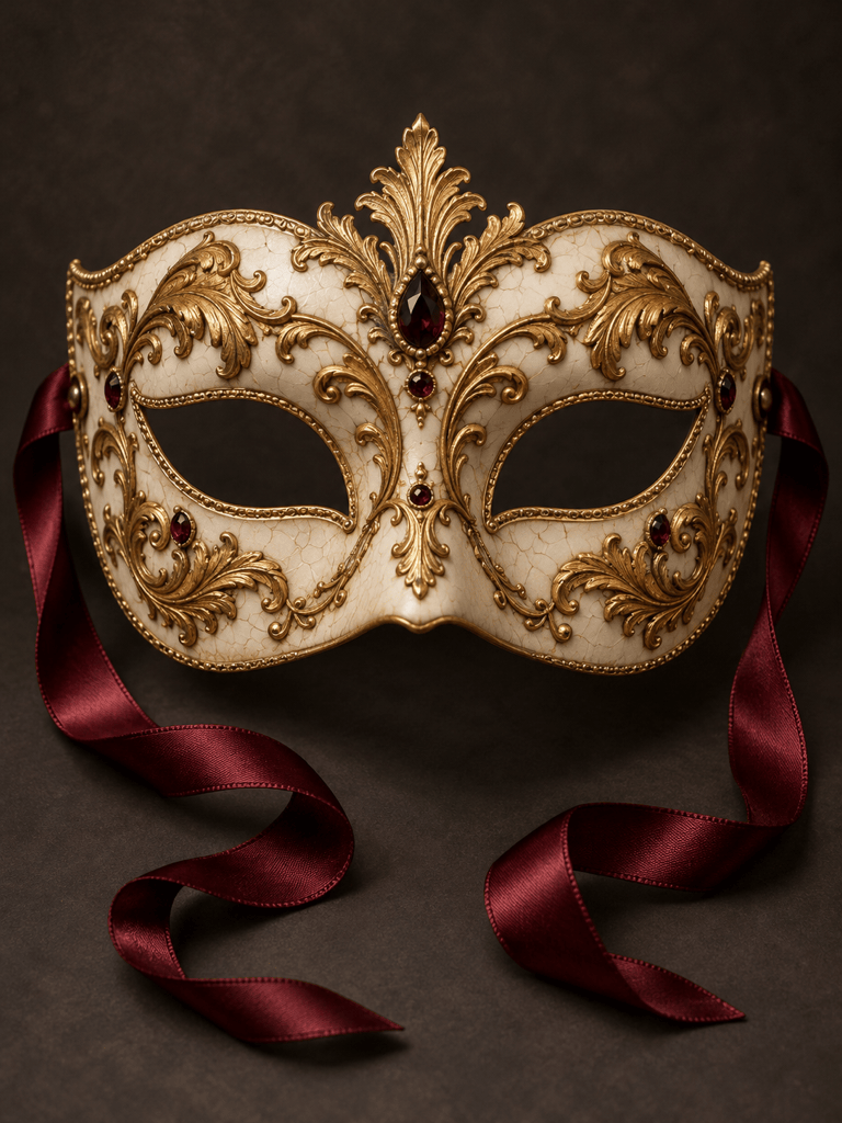 AI Venetian mask with gold filigree