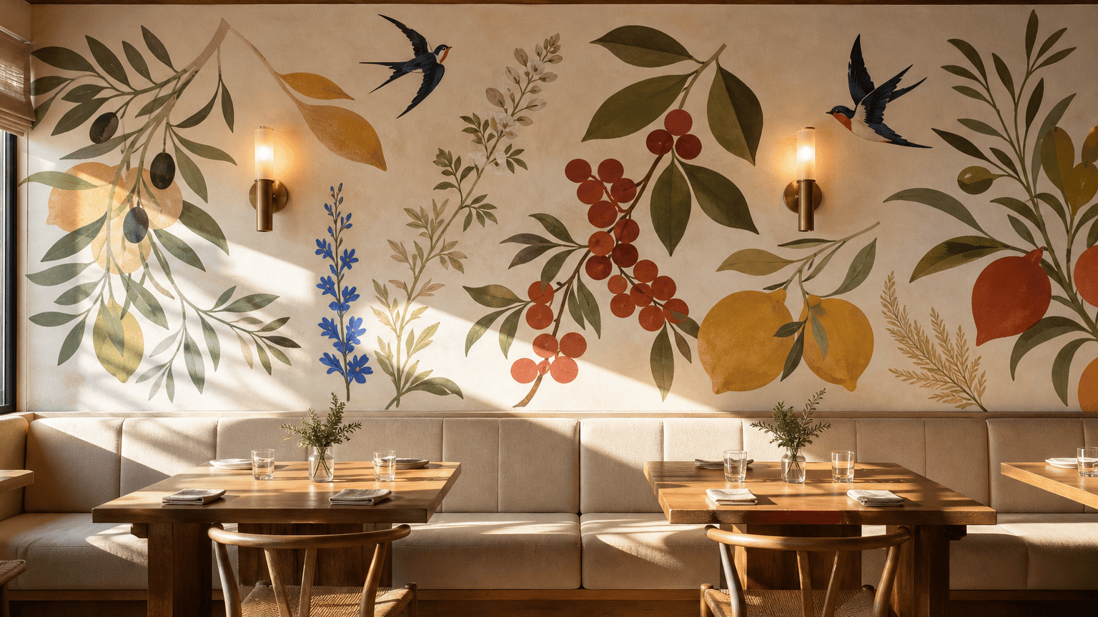 Botanical restaurant mural created with AI