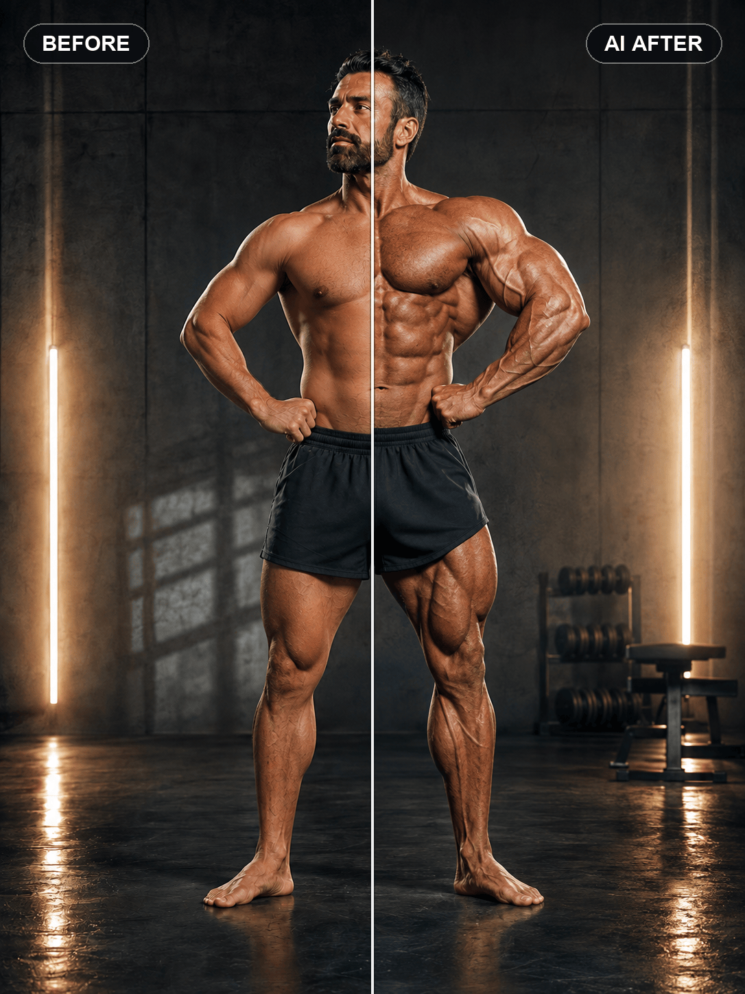 AI bodybuilder before and after