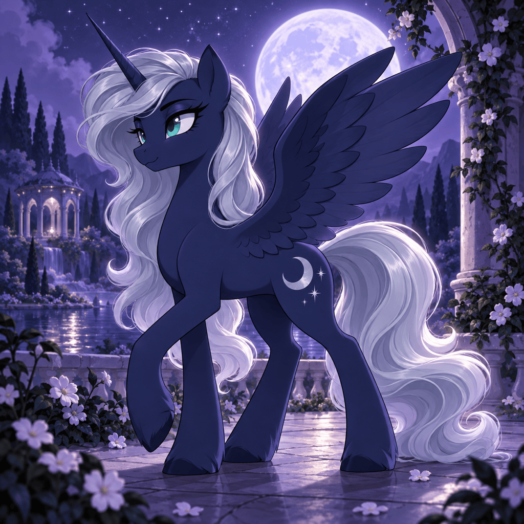 Moonlit alicorn with silver mane