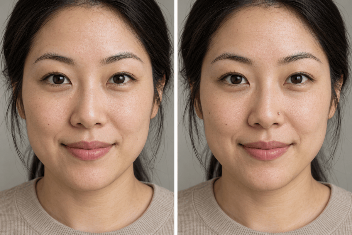 Gold nose stud before and after