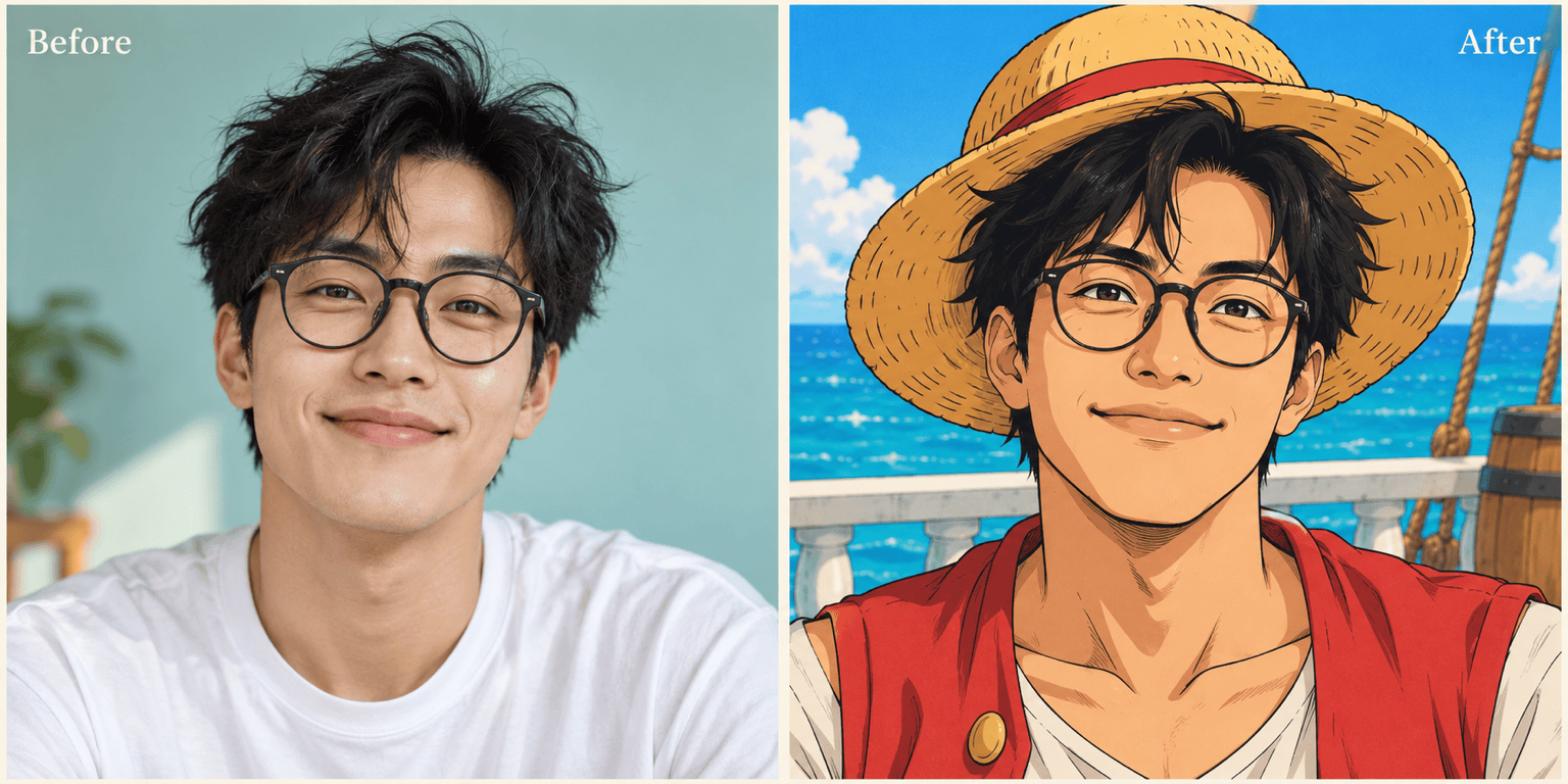 One Piece selfie before and after