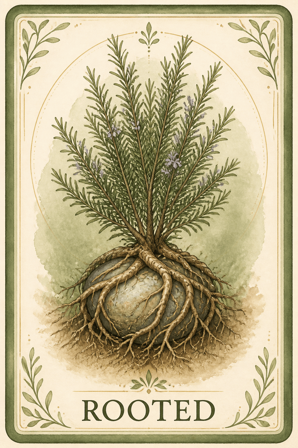 Botanical oracle card titled Rooted