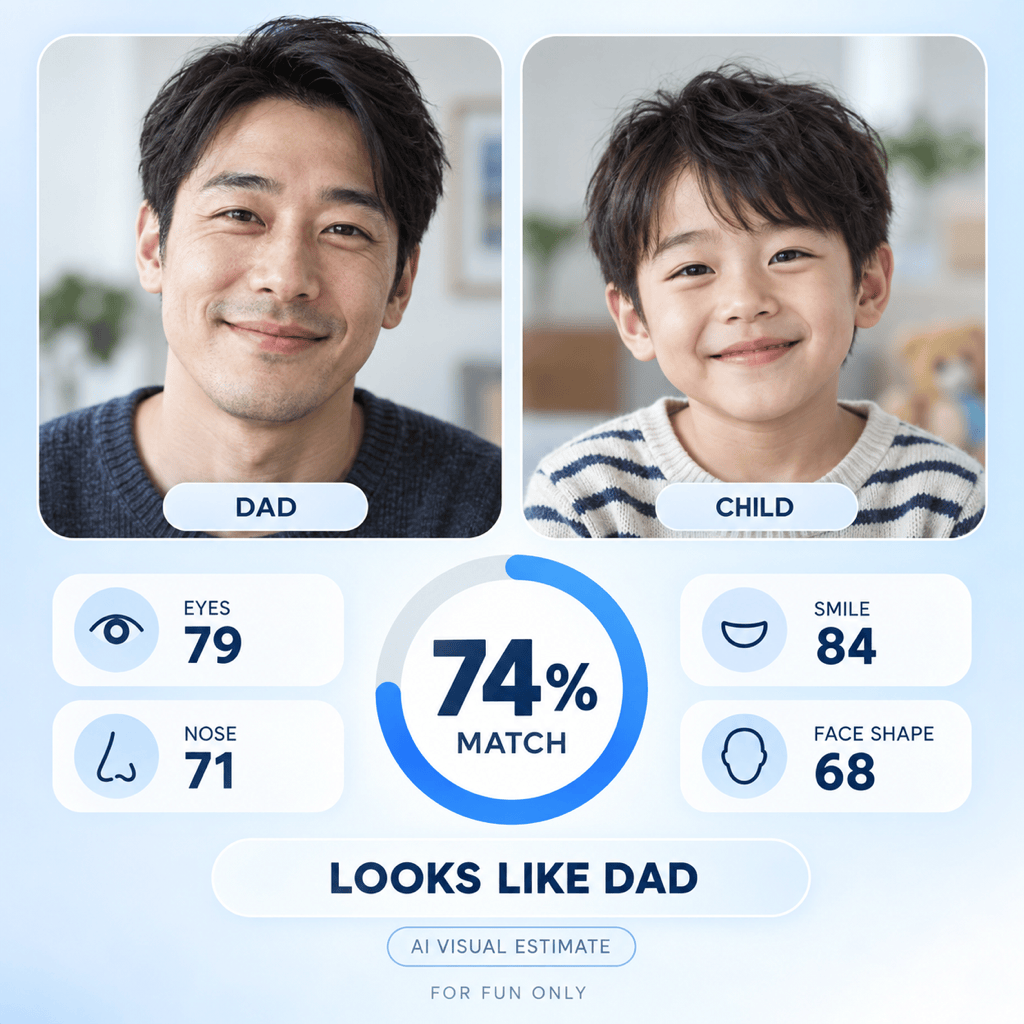 AI father and child resemblance score showing a feature-by-feature face comparison