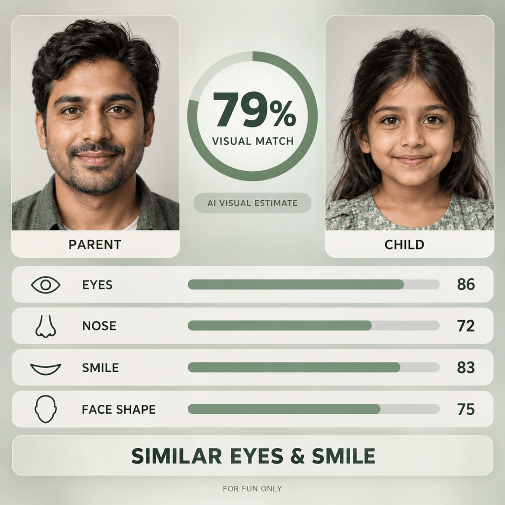 Parent-child facial resemblance report with visual match score and feature analysis