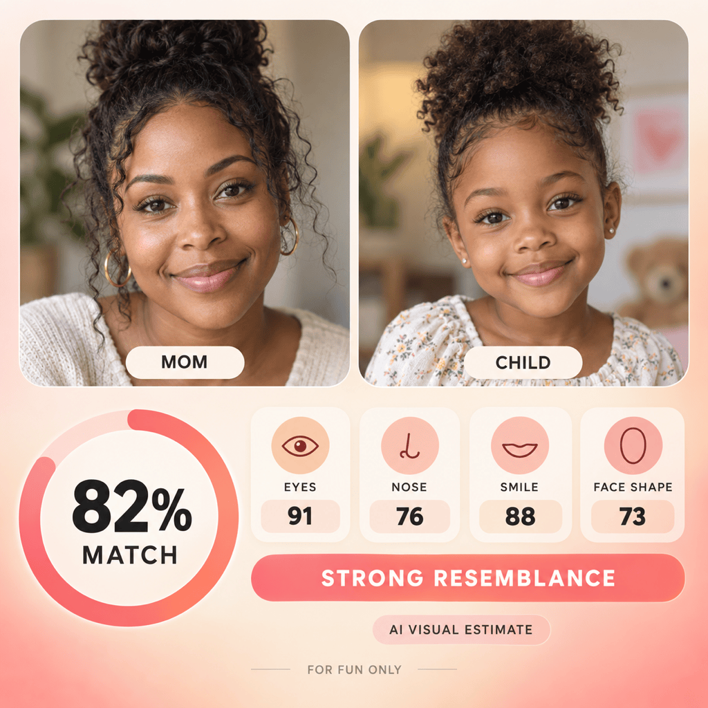 AI mother and child facial similarity score with eyes, nose, smile, and face shape breakdown