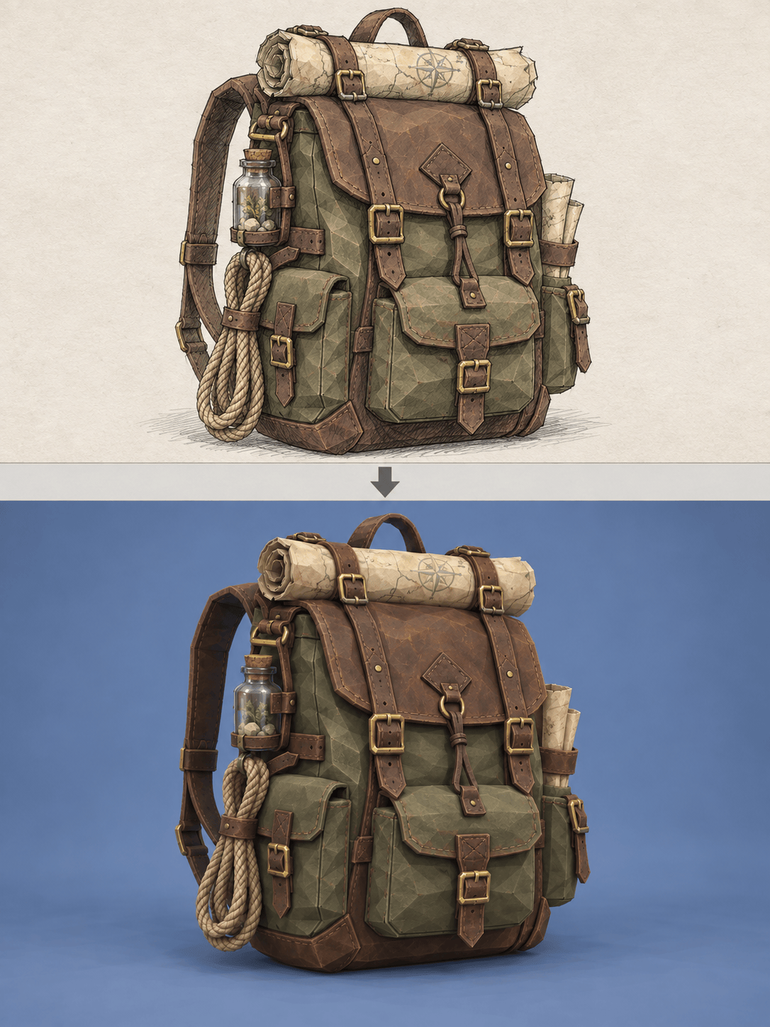Sketch to 3D game prop comparison