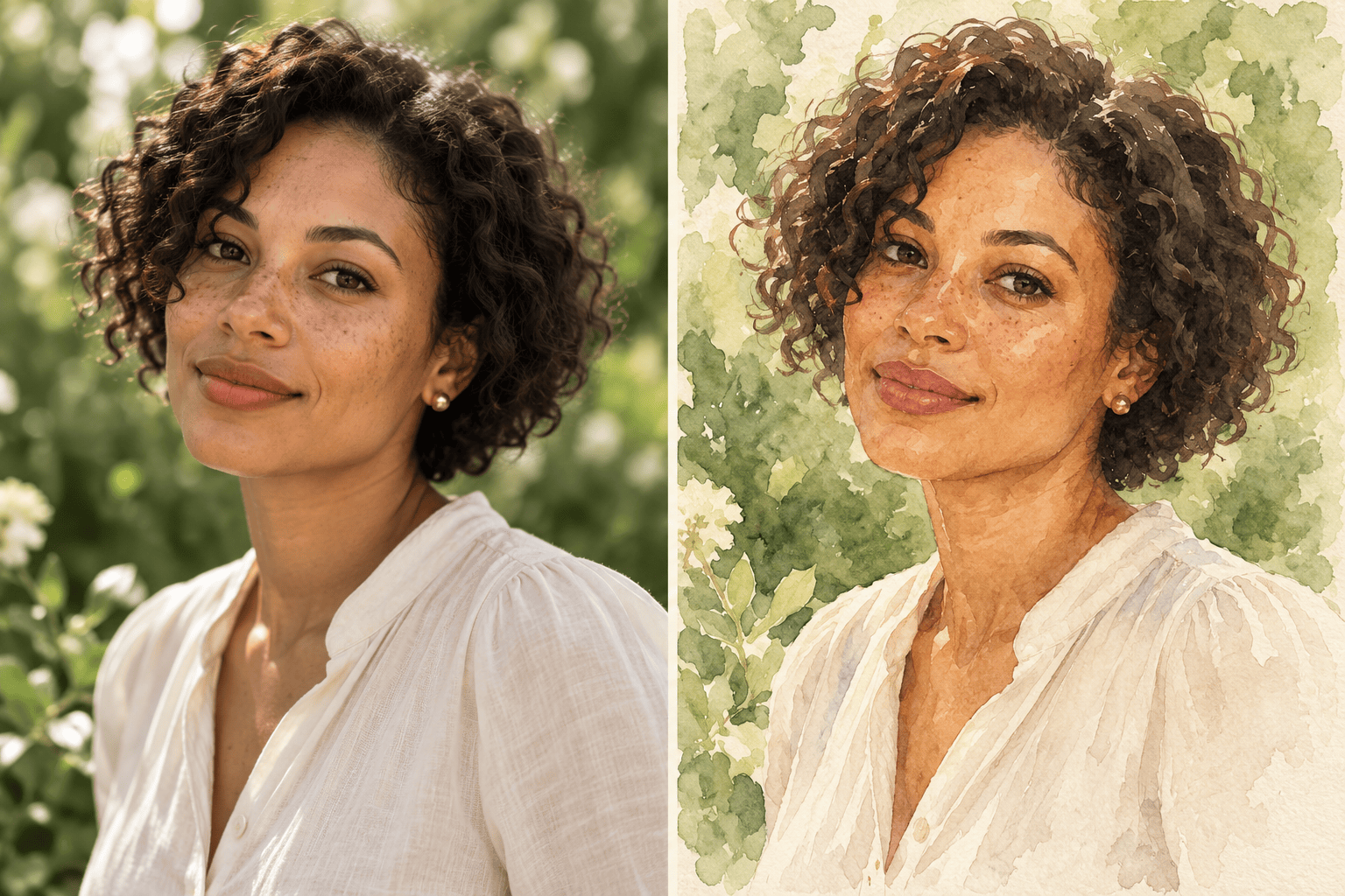 Portrait photo to watercolor art comparison