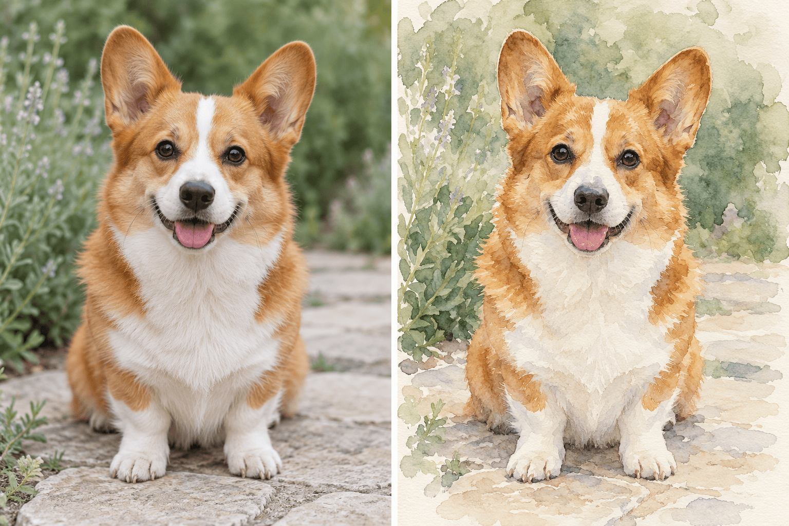 Pet photo to watercolor painting comparison
