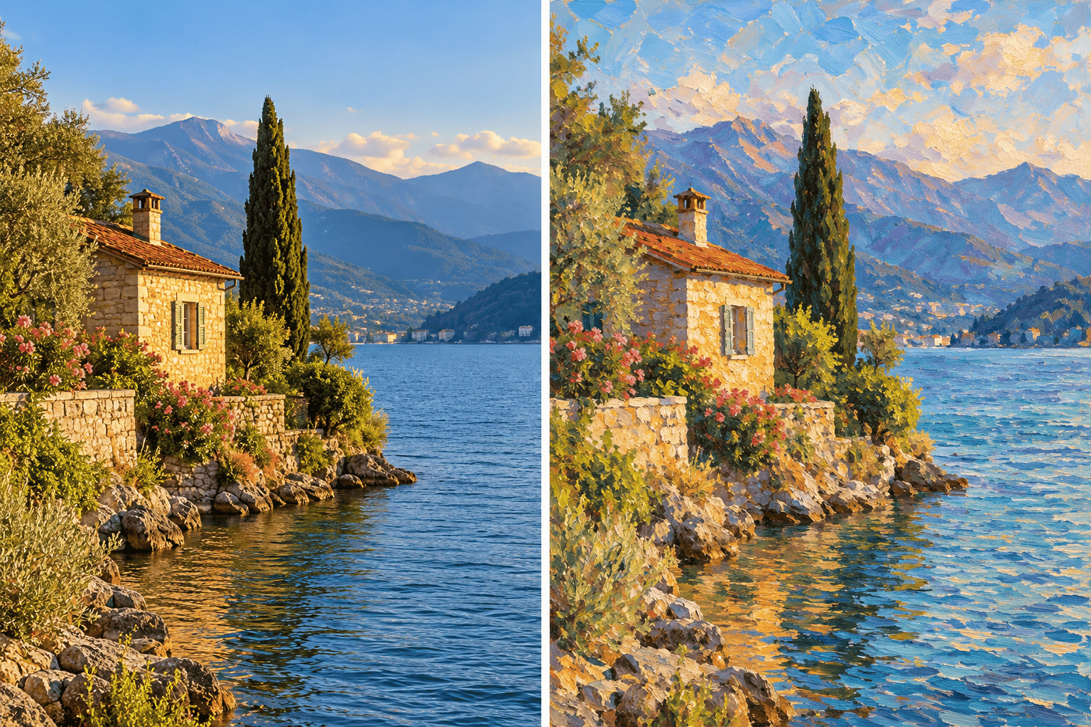 Landscape photo to impressionist painting comparison