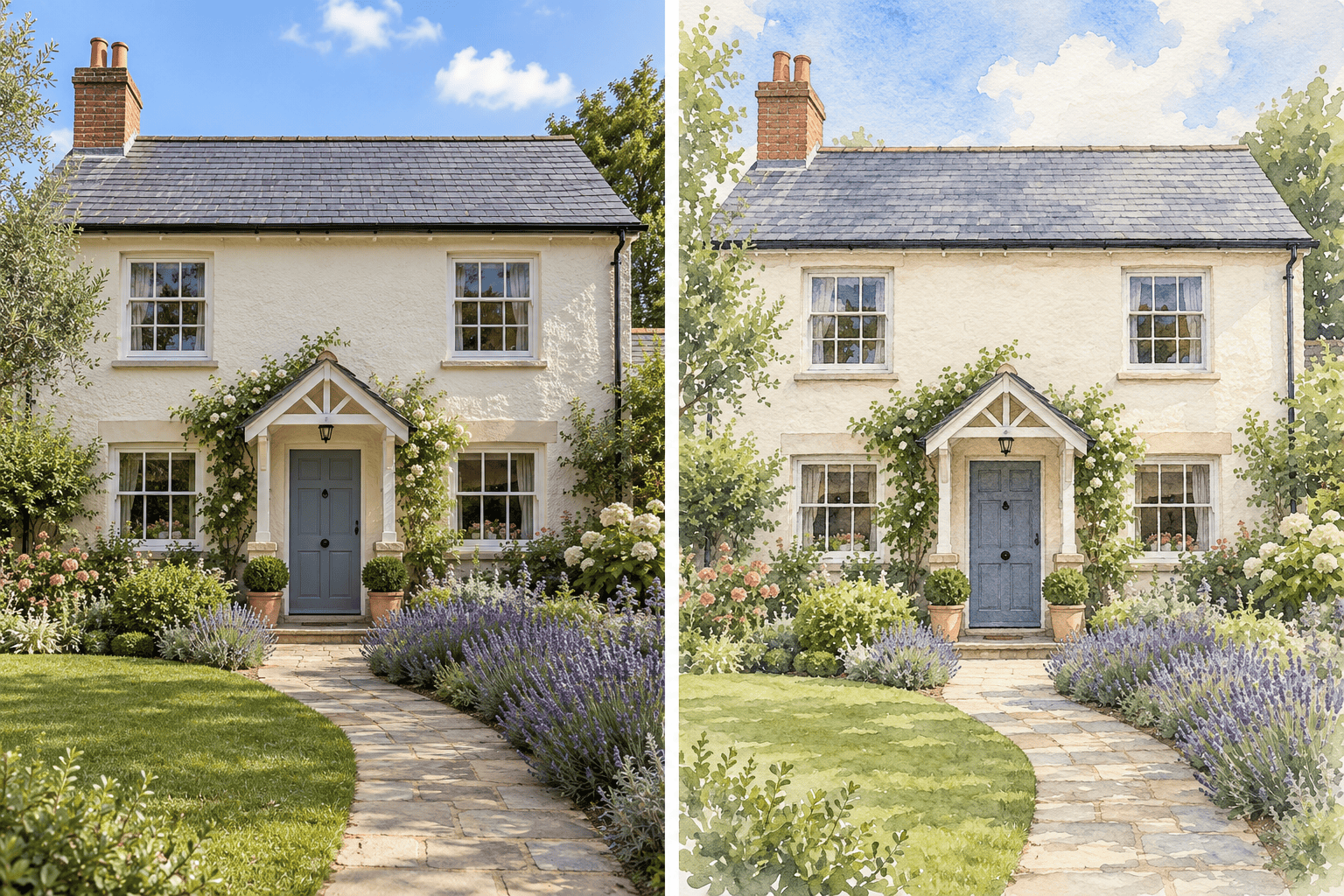 House photo to watercolor painting comparison