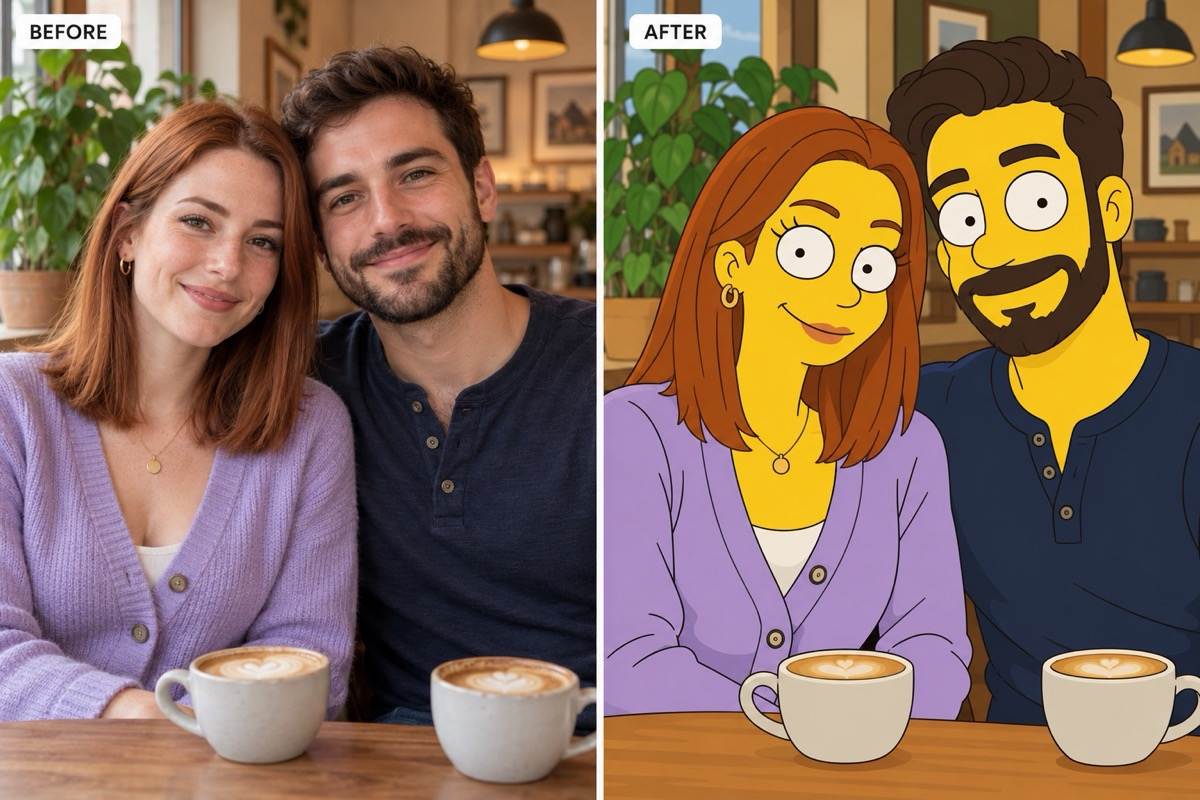 Simpsons-style couple before and after