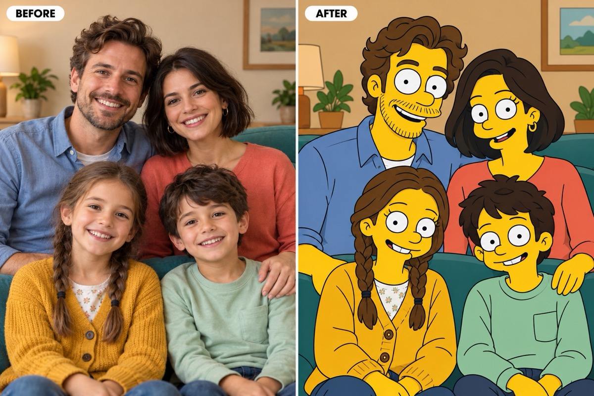 Simpsons-style family before and after