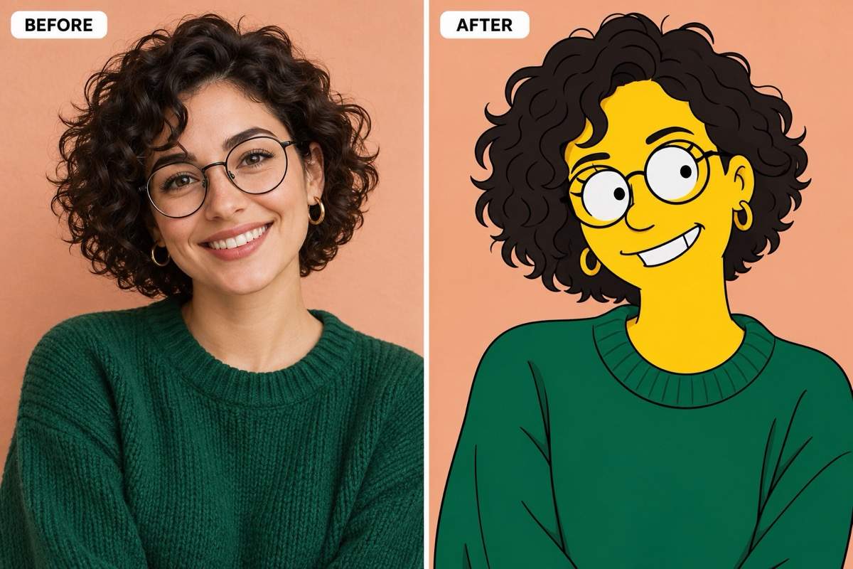Simpsons-style selfie before and after