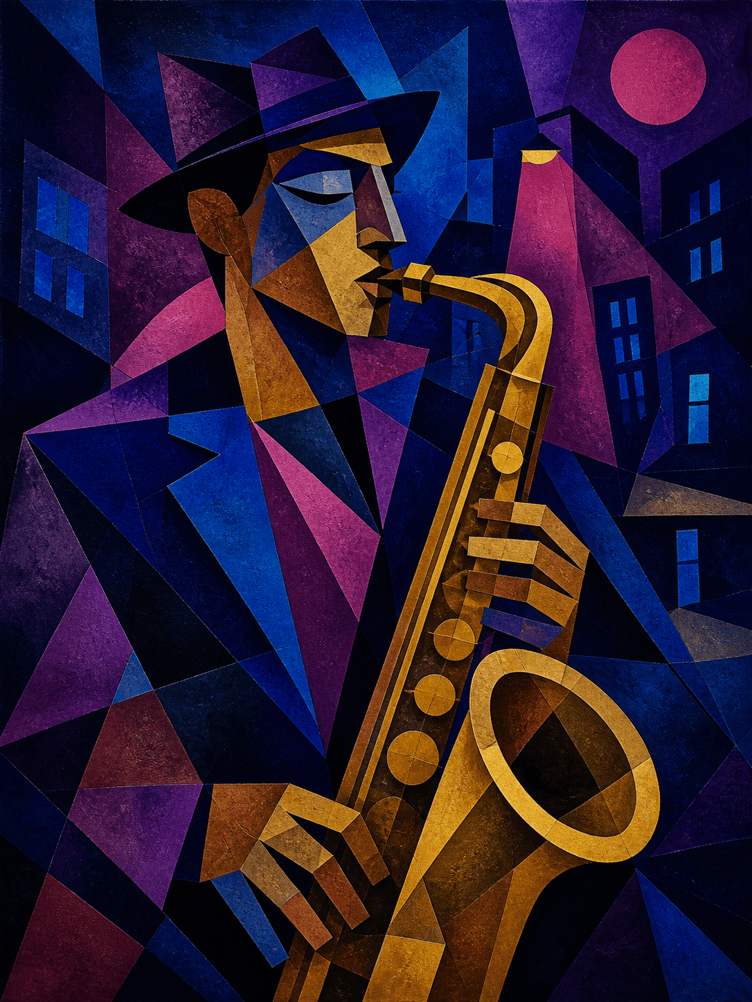 Cubist jazz city artwork