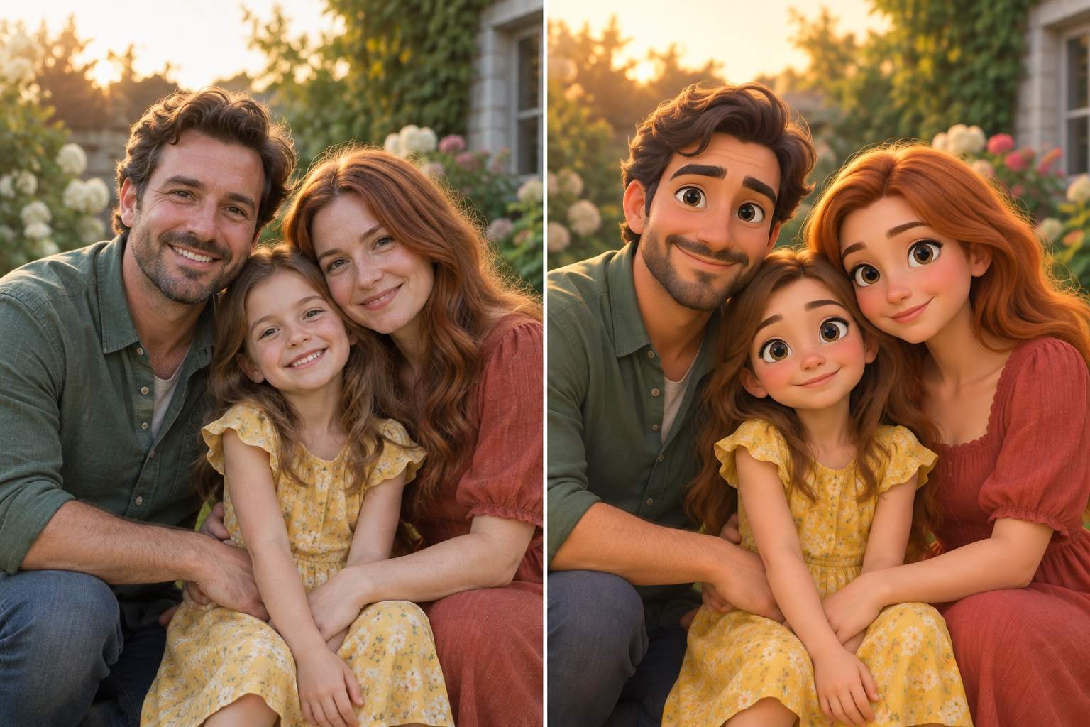 Pixar style family photo transformation