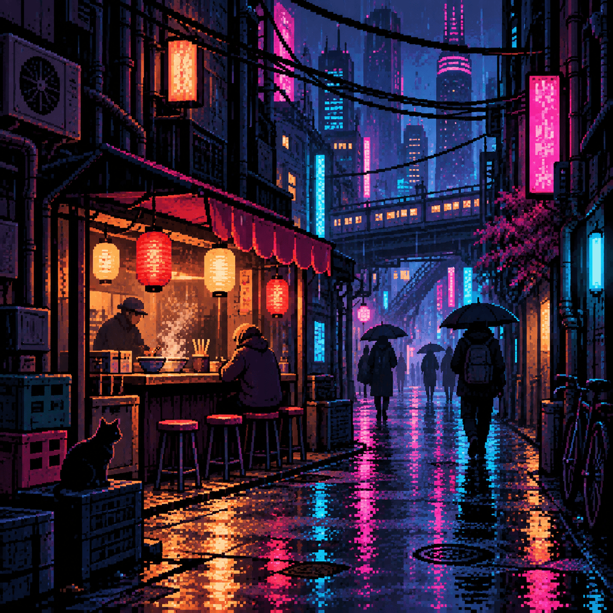 8-bit cyberpunk city pixel art