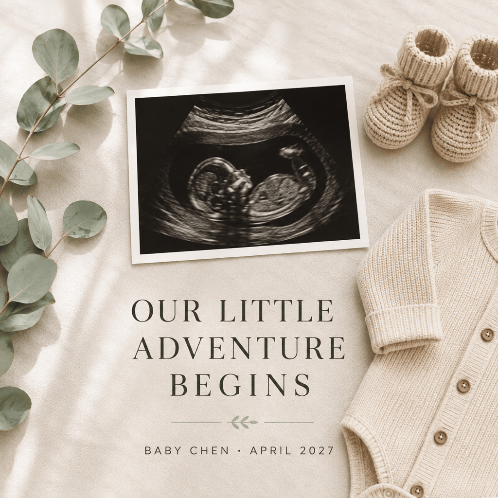 AI pregnancy announcement flat lay