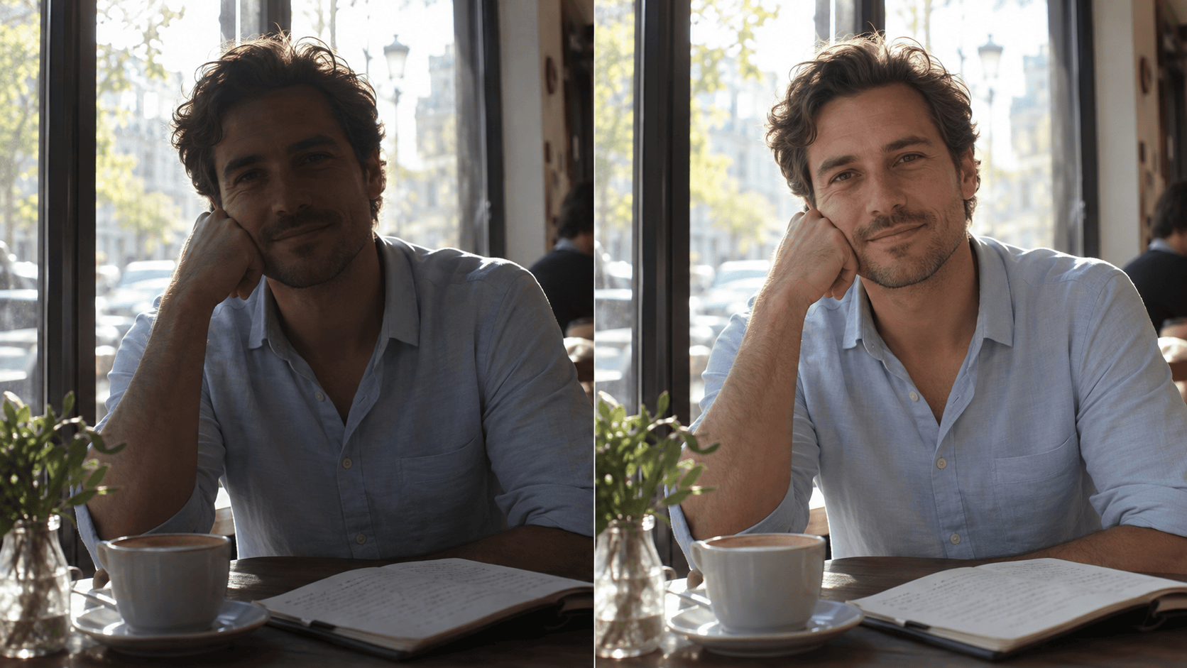 Backlit face before and after AI relighting