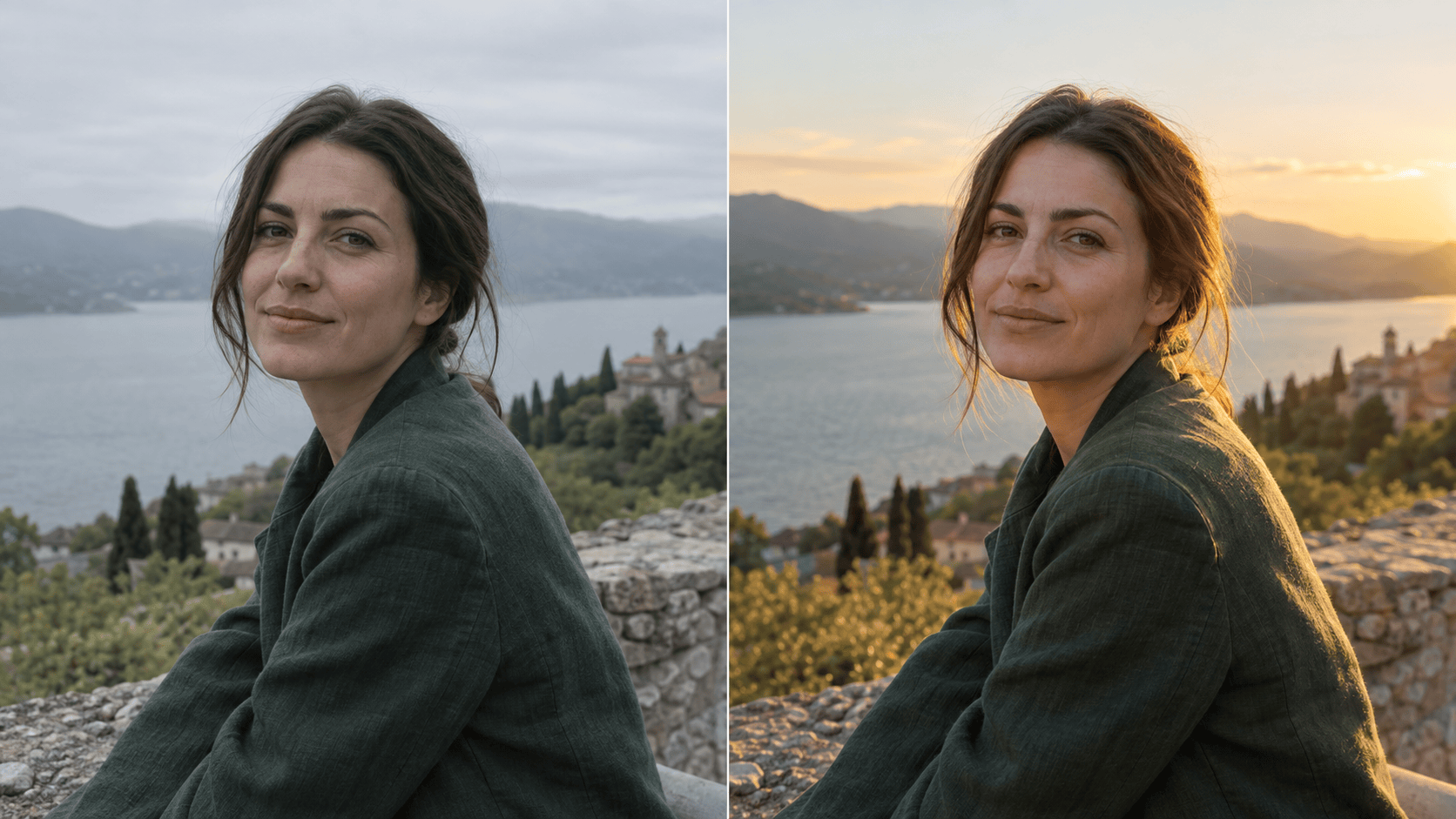 Portrait before and after AI relighting